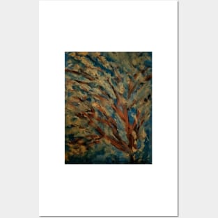 abstract painting of tree with gold leave and copper toned branche with a sky in my favorite colors Posters and Art